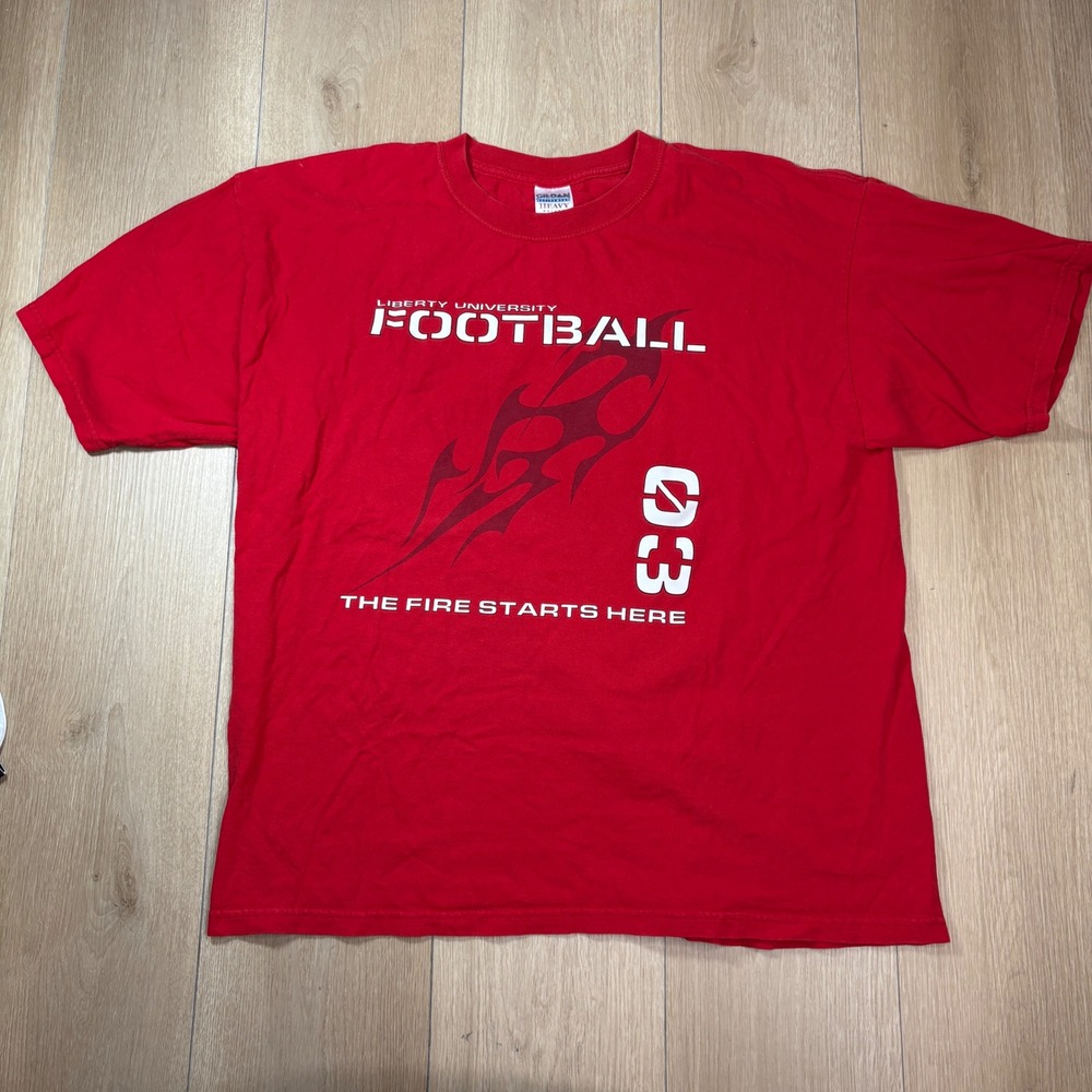Vintage Liberty University Flames Football 2003 Schedule T-Shirt Red XL Gildan